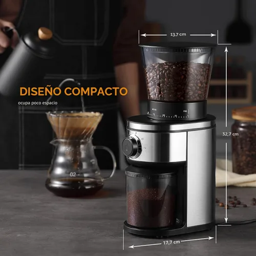 Miniatura 7 de Ollygrin Molinillo de café de rebabas, molinillo de café cónico eléctrico con 30 ajustes de molienda ajustables para 2-12 tazas, plateado y negro