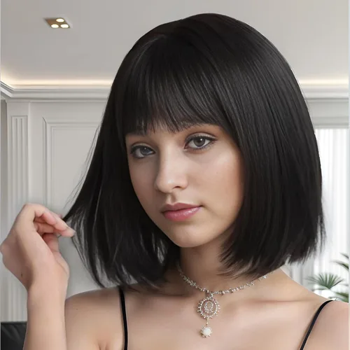 Miniatura 2 de Pelucas de pelo corto negro natural para mujeres con flequillo, 12 pulgadas, lacio, sintético, cosplay, fiesta de Halloween, peluca para niñas, uso