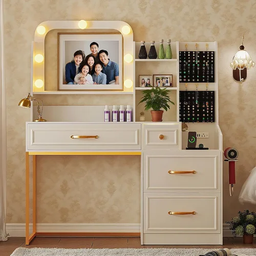 Miniatura 8 de Wildhome Mesa de Tocador con Espejo y Luces, Escritorio de Maquillaje con Tapa de Cristal y Estación de Carga, Mesa de Tocador con Almacenamiento