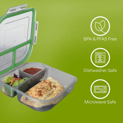 Miniatura 4 de MyGo Container - Contenedor pequeño de 3 compartimentos para llevar, 8" x 8" x 2-1/2", reutilizable, apto para microondas, certificado NSF