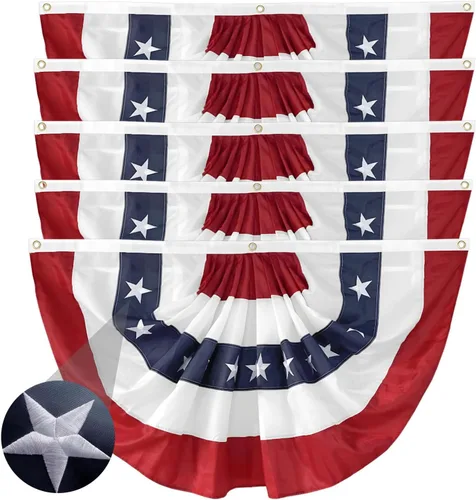 Paquete de 5 banderas patrióticas plisadas estadounidenses de 1.5 x 3 pies, estrellas bordadas y rayas cosidas, decoraciones del 4 de julio de