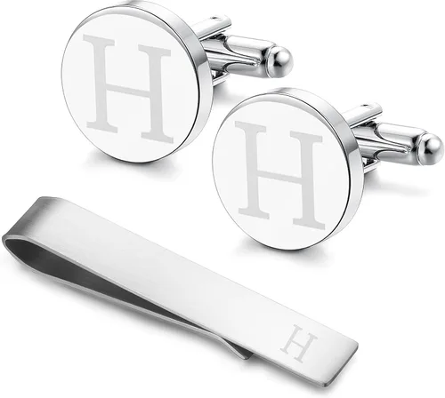 Miniatura 17 de LOYALLOOK - Gemelos de acero inoxidable grabados con inicial y clip de corbata, diseño de letras del alfabeto con caja de regalo, A-Z