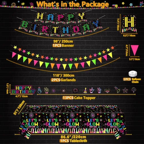 Miniatura 6 de 231 piezas de suministros de fiesta de neón que brillan en la oscuridad, decoraciones de fiesta de luz negra, juego de vajilla para fiesta, platos