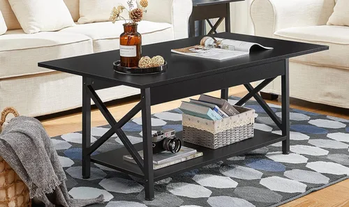 Miniatura 9 de GreenForest - Mesa de café negra con estante de almacenamiento de 39 pulgadas, mesa central rectangular de 2 niveles para sala de estar, mesa Negro
