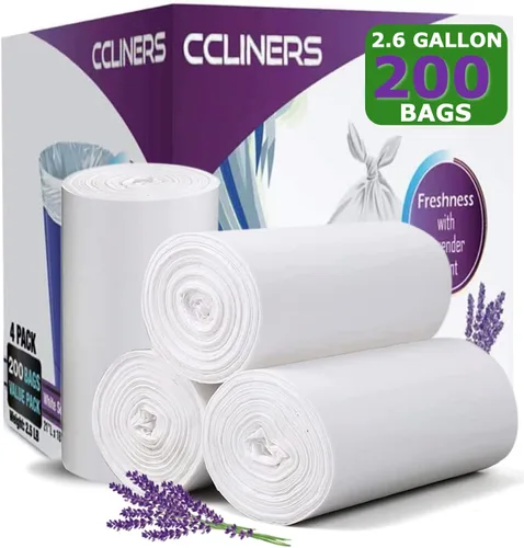 Bolsas de basura con aroma a lavanda de 2.6 galones (200 unidades), color blanco, bolsas de basura pequeñas de 2 galones, bolsas de basura pequeñas