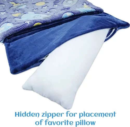 Miniatura 6 de Saco de dormir para niños que brilla en la oscuridad, para niñas y niños, tapete para siesta de 62 x 28 pulgadas, suave y cómodo para fiestas