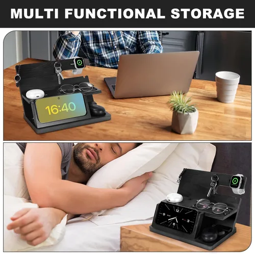 Miniatura 6 de Regalos para hombres Estación de carga 3 en 1 Compatible con estación de carga iPhone 16, organizador de mesa de noche de madera, perfecto