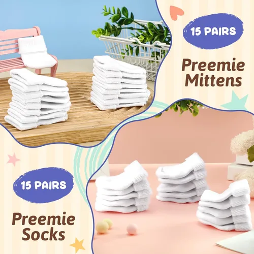 Miniatura 4 de Jeyiour 30 pares de guantes y calcetines prematuros para bebés prematuros, guantes y mitones para bebés prematuros, calcetines y manoplas para bebés