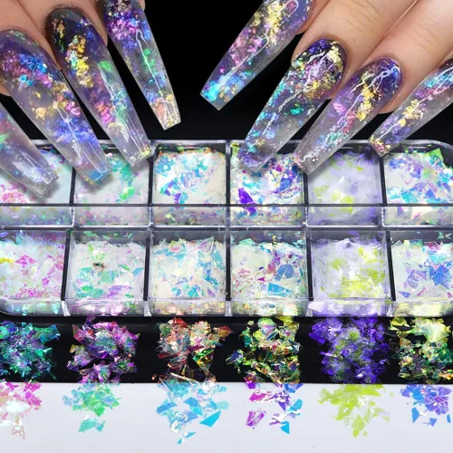 Miniatura 3 de Arte de uñas holográfico de sirena, lentejuelas con purpurina en polvo, piezas irregulares celofán fluorescente, piezas iridiscentes con purpurina