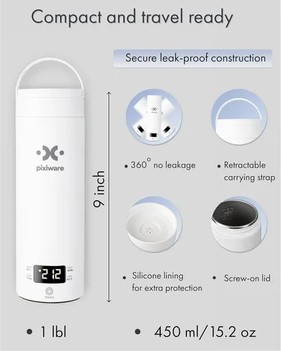 Miniatura 8 de Hervidor de Viaje con Tapa de Torsión para Agua Caliente en Movimiento 450ml – Pequeño Hervidor Eléctrico Mini Portátil – 4 Ajustes de Temperatura