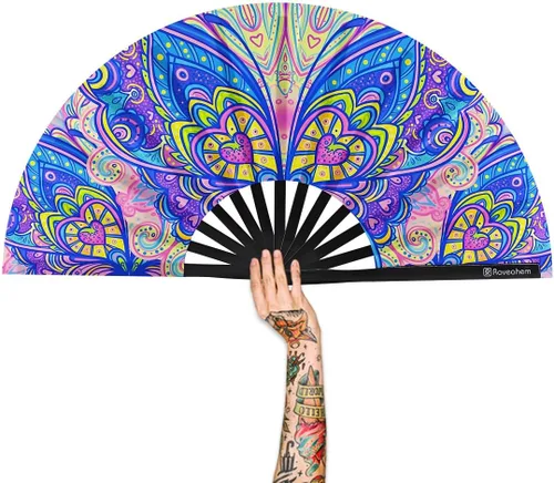 Miniatura 18 de Ventilador plegable grande, ventilador Clack Rave de 13 pulgadas, ventilador de mano para mujeres y hombres con tela de satén de alta calidad, marco