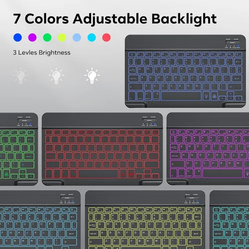 Miniatura 5 de OMOTON Teclado Bluetooth, teclado inalámbrico recargable para iPad, iPad Pro, iPad mini, iPad Air con LED iluminado (negro)
