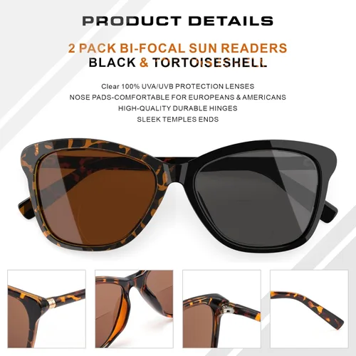 Miniatura 5 de Gafas de sol bifocales de lectura premium para mujeres, lectores de sol retro Cateye con protección UV400, tonos clásicos negro y tortuga