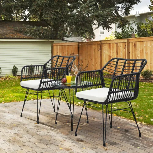Miniatura 3 de KROFEM - Juego de muebles de ratán para patio de 3 piezas estilo bistró, incluye 2 sillas de ratán y mesa con tapa de vidrio, ideal para porche
