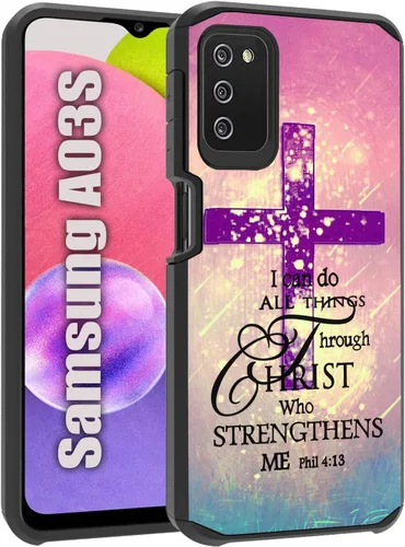 Funda para teléfono Galaxy A03S, Christian Cross Bible Verse Cita Phil 4-13 Hybrid Hard PC y Soft Silicone Dual Layer Funda de protección a prueba