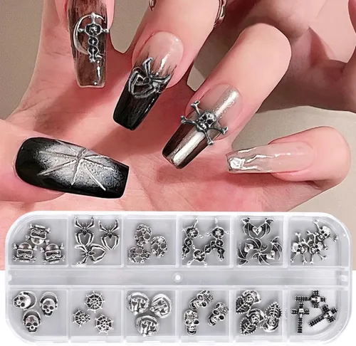 36 dijes de uñas de Halloween, 12 estilos, plata, forma de calavera, aleación, metal plateado antiguo, decoración de uñas