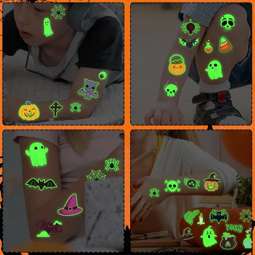 Miniatura 6 de Ozepao Juego de 10 hojas de calcomanías temporales de tatuaje de Halloween, 88 diseños únicos con calabazas, calaveras, esqueletos, fantasmas