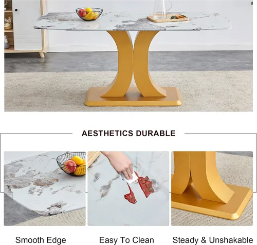 Miniatura 5 de A Modern Minimalist Dining Table. Imitation Marbled Glass Tabletop. Gold Table Legs for Kitchen and Living Room
