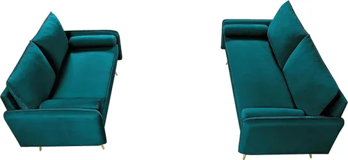 Miniatura 3 de Container Furniture Direct Juego de sofá de terciopelo inspirado en Chesterfield de 2 piezas con patas oblicuas de metal dorado, azul verdoso