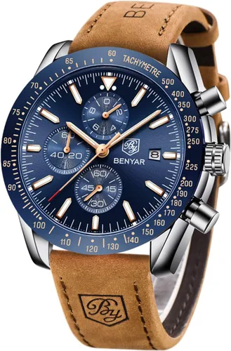 BENYAR Mens Watches Quartz Movement Chronograph Leather Strap Fashion Business Sport Design 30M Waterproof Scratch Resistant Wristwatch Elegant