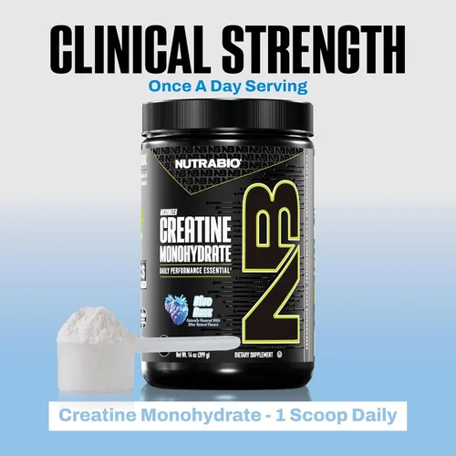 Miniatura 9 de NutraBio Suplemento en polvo de monohidrato de creatina micronizada pura, Blue Razz (10.58 oz) – Apoya la energía muscular a granel, la recuperación