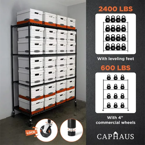 Miniatura 7 de CAPHAUS Estantería de Alambre de Servicio Pesado de Grado Comercial de 4 Niveles con Altura Ajustable, con Ruedas y Pies Niveladores, Estante de Sin