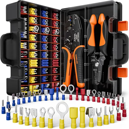 Miniatura 12 de SOMELINE Kit de herramientas de prensado de conectores eléctricos, crimpadora de terminales de trinquete 22-10 AWG, con conectores aislados a tope