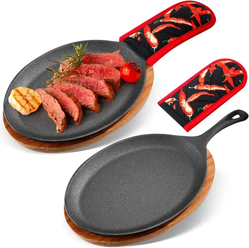 Lallisa 2 juegos de juego de platos de fajita de hierro fundido Juego de platos de fajita con bandeja de madera Protección contra quemaduras Guantes