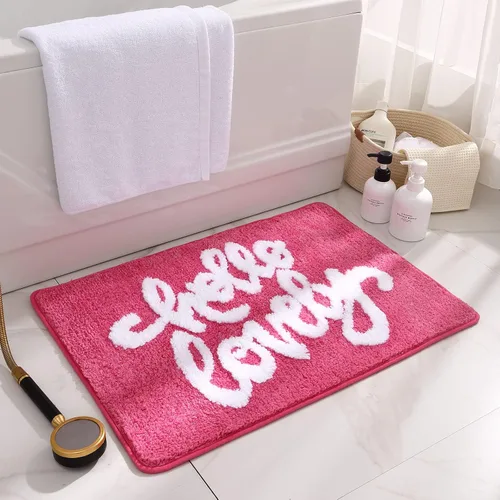 Hello Lovely - Alfombra de baño suave y preparada, color rosa intenso, absorbente de agua, alfombra de ducha de microfibra, bonita y divertida (rosa