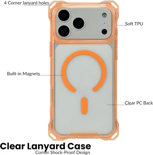 Miniatura 3 de Funda Magnética Cruzada para iPhone 17 Pro, Naranja, Marco Suave Magnético Transparente PC Trasero A Prueba de Golpes Funda Protectora para Teléfono