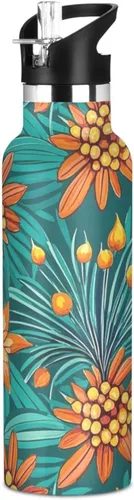 Tropical Leaf Summer Leak Proof & BPA Free Reusable Water Bottle with Straw Double-Wall Vacuum Insulation for Gym Sports 20 oz termo para agua acero