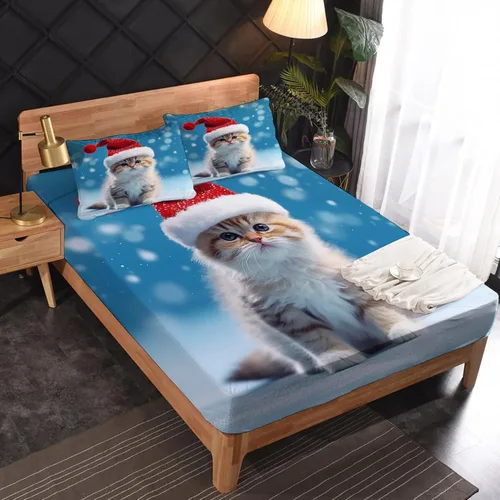 Miniatura 3 de Sábanas de gato tamaño individual – Sábanas y fundas de almohada de Navidad – 100% microfibra, estampado de alta cantidad de hilos, sábana encimera