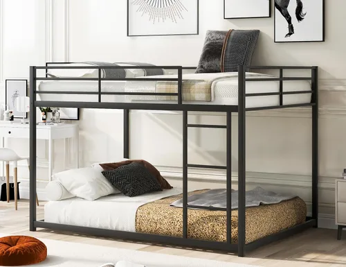 Litera de tamaño matrimonial sobre tamaño matrimonial con escalera, litera de metal de tamaño matrimonial con barandilla de seguridad para niños,