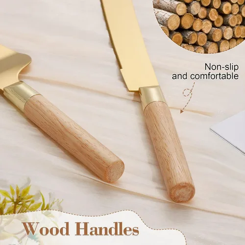 Miniatura 5 de Juego de corte de pastel dorado para boda, juego de cuchillo de pastel de madera y servidor, juego de corte de pastel rústico de 2 piezas, cubiertos