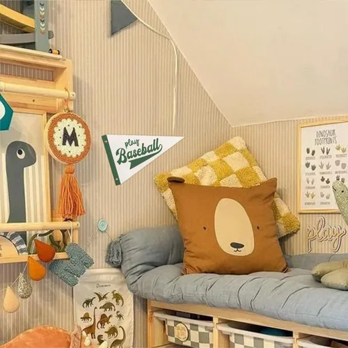 Miniatura 5 de Decoración para Sala de Juegos y Guardería para Niños, Banderas de Pennant de Béisbol para Jugar, Arte de Pared Retro Verde para Decoración