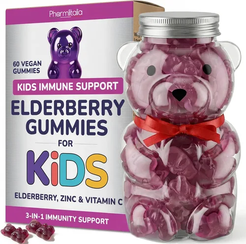 Gomitas de saúco para niños, 3 en 1, vitamina C y zinc, vegano, suplemento orgánico de apoyo inmunológico para niños, sin azúcar añadido, apto para