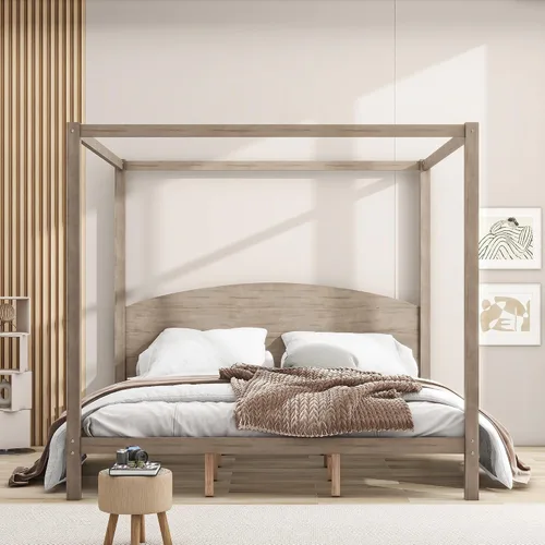Harper & Bright Designs Cama con dosel con cabecero, marco de madera con patas de apoyo, plataforma de tamaño King para adolescentes y adultos, no