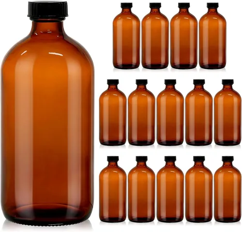 Miniatura 8 de Paquete de 24 Botellas Redondas Boston de Vidrio Ámbar de 8 oz con Tapas de Policona Fenólica – Botellas Herméticas, A Prueba de Fugas para Extracto