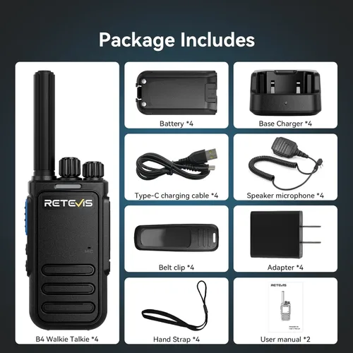 Miniatura 9 de Retevis MateTalk - Walkie Talkies B4 con micrófono de hombro impermeable, cancelación de ruido de radio de 2 vías, compacto, carga USB-C, radios
