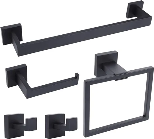 Accesorios de baño de acero inoxidable negro mate, juego de 5 piezas con toallero cuadrado de 16 pulgadas, toallero y soporte