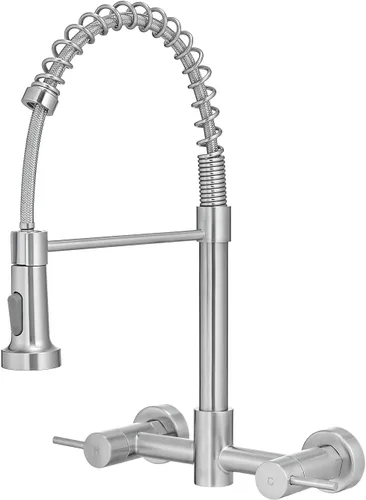 AIMADI Grifos de cocina de montaje en pared, grifo de fregadero de cocina de montaje en pared central de 8 pulgadas con rociador extraíble, diseño