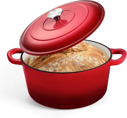 Miniatura 20 de P&P CHEF Horno holandés esmaltado de 5 cuartos de galón, olla holandesa de hierro fundido con tapa para hornear pan, olla esmaltada para asar, Caqui