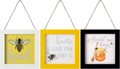 Jetec 3 carteles colgantes de abeja, arte de pared de madera, decoración de pared de abeja, decoración de bandeja escalonada para mesa, cocina,