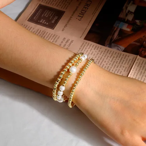 Miniatura 3 de Pulsera de cuentas de oro para mujer, apilable, chapada en perlas, juego de pulseras elásticas para mujer, a la moda