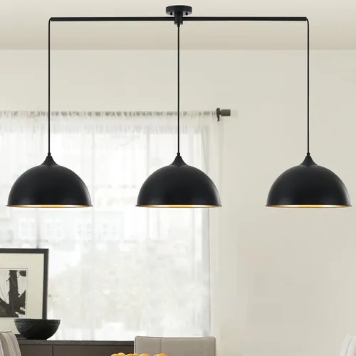 Luces colgantes para isla de cocina, paquete de 3 lámparas colgantes de cúpula con acabado negro y dorado, lámpara colgante industrial para comedor,
