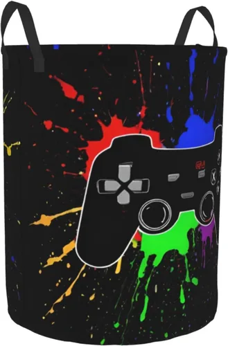 Miniatura 8 de Cesta redonda para ropa sucia con temática de videojuegos, cesta de almacenamiento para juguetes, organizador de ropa, para el hogar, baño, Juego #02