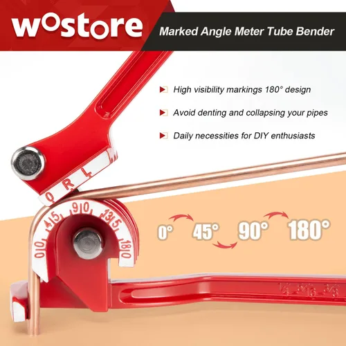 Miniatura 4 de Wostore Dobladora de tubos de 180 grados, 3 en 1 para 1/4" 5/16" 3/8" OD, Dobladora de tubos de acero mecanizado 0-180° con agarre antideslizante