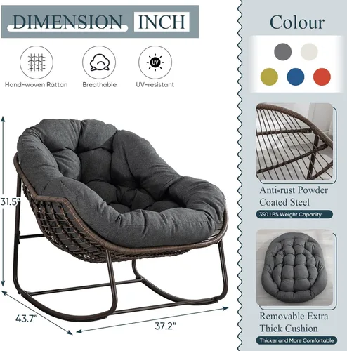 Miniatura 2 de Juego de 2 mecedoras para exteriores, silla mecedora de huevos de mimbre de gran tamaño, para interiores y exteriores, cómoda silla mecedora con Gris