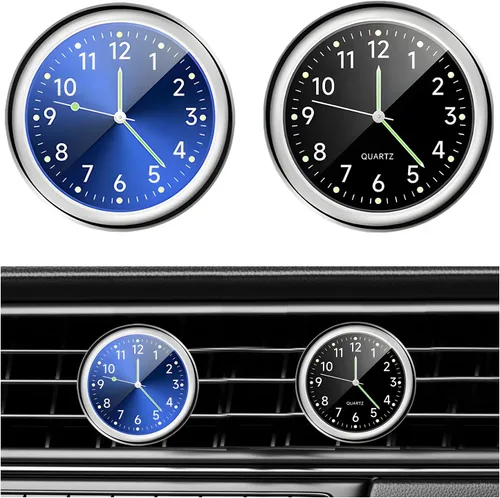 Miniatura 11 de Dickno 2 piezas de reloj de tablero adhesivo para automóvil, mini relojes de ventilación analógicos de cuarzo luminosos, relojes de ventilación