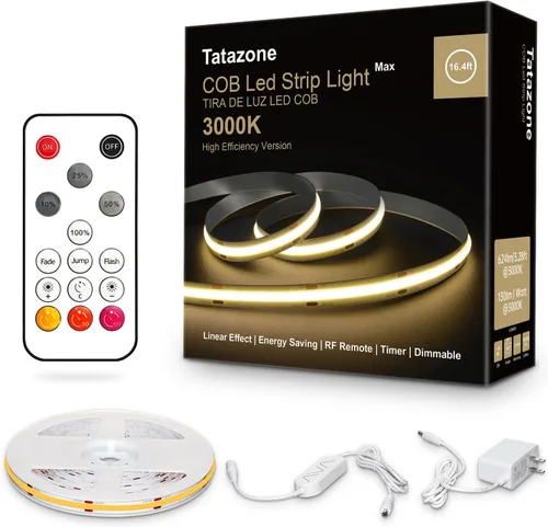 Miniatura 13 de Tatazone Tira de luces LED COB blancas Max con control remoto RF, 16.4 pies 2700K CRI93+ regulable, tira de luz COB blanca cálida ultra brillante